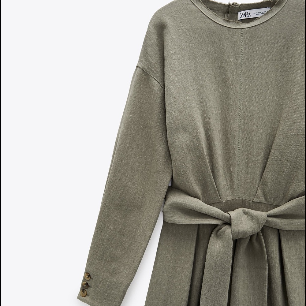 Zara LINEN BLEND MIDI DRESS w/ Tie Belt Green NEW - Picture 8 of 9